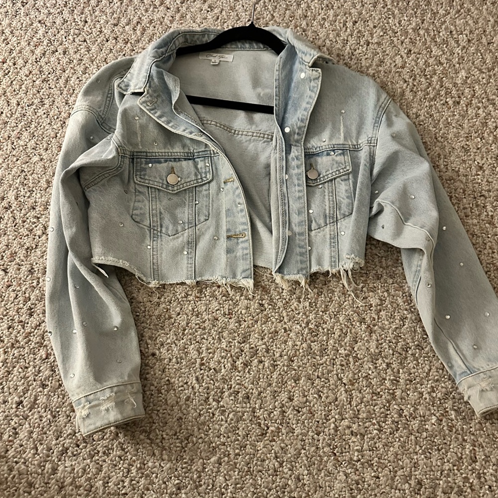 Light Blue Cropped Denim Jacket with rhinestones